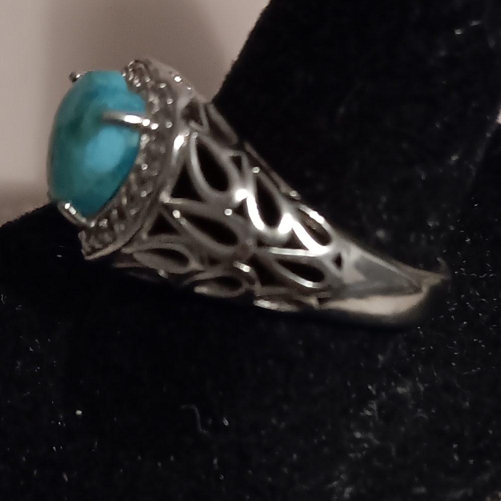 TURQUOISE HEART RING RHODIUM 9W5 STERLING SILVER SIZE 9 - Picture 6 of 8